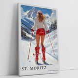 Paul Sinus Leinwandbild 60x90cm Leinwandbild St. Moritz Skifahren Winterzauber Alpen stilvolle Eleganz sportliche Ästhetik luxuriöser Lifestyle Retro