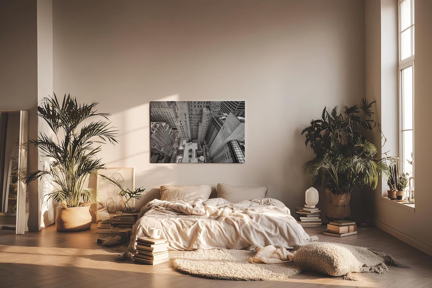 Sinus Art Wandbild 120x80cm Atemberaubende Ansicht einer Metropole aus der Vogelperspektive in Schwarzweiß mit gelben Taxis