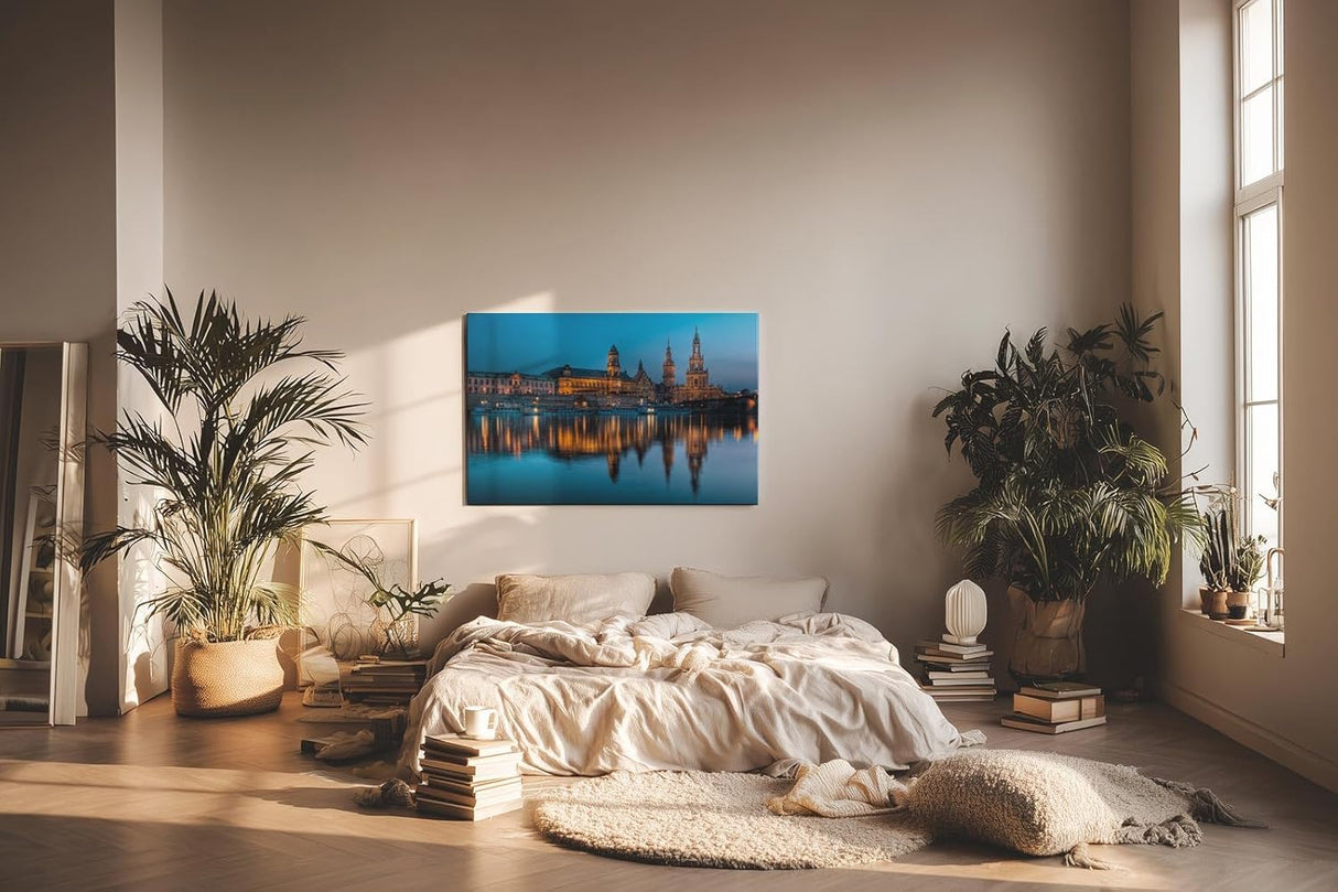 Sinus Art Wandbild 120x80cm Beleuchtete Sehenswürdigkeiten der Dresdner Altstadt im Spiegelbild der Elbe zur blauen Stunde