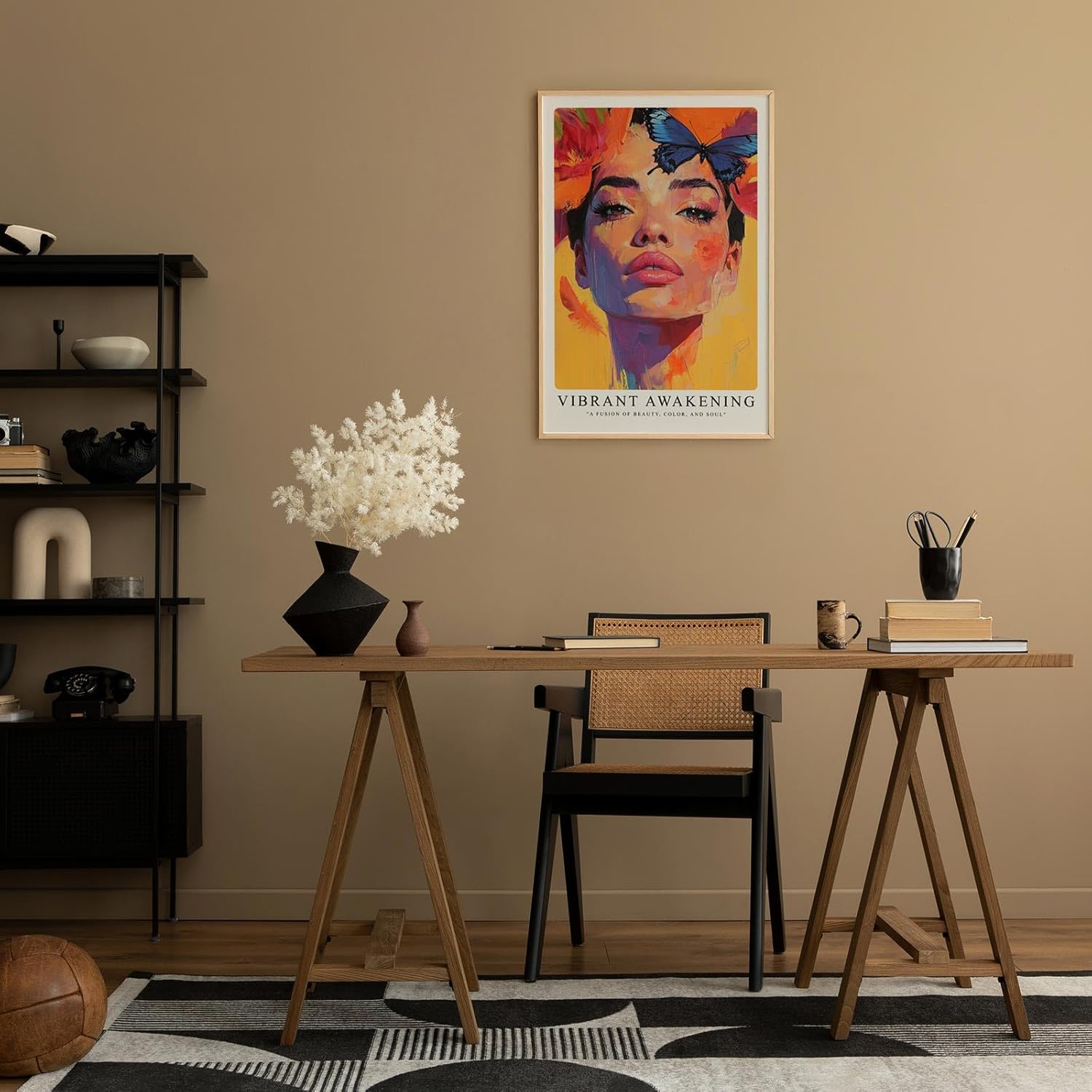 Paul Sinus Leinwandbild 40x60cm Leinwandbild Leuchtendes Erwachen – Ausdrucksstarkes Porträt mit intensiven Farben, Schmetterlingen und floralen Akzenten