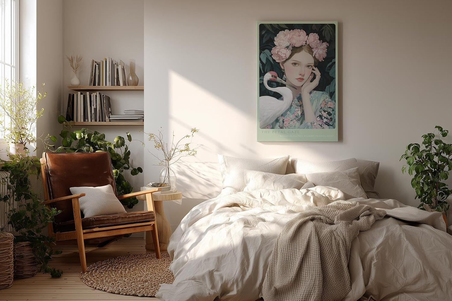 Paul Sinus Wandbild in 40x60cm Porträt einer jungen Frau mit Blumenkrone und Kranich in harmonischer Komposition