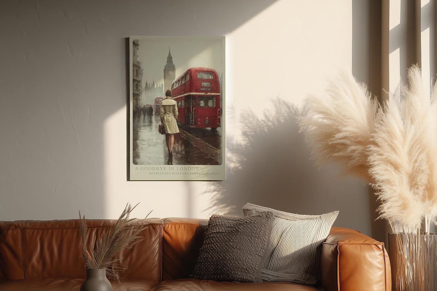 Paul Sinus Wandbild in 40x60cm A Goodbye in London – Rote Doppeldeckerbusse und Big Ben im Hintergrund, nostalgische Stadtszene im Regen