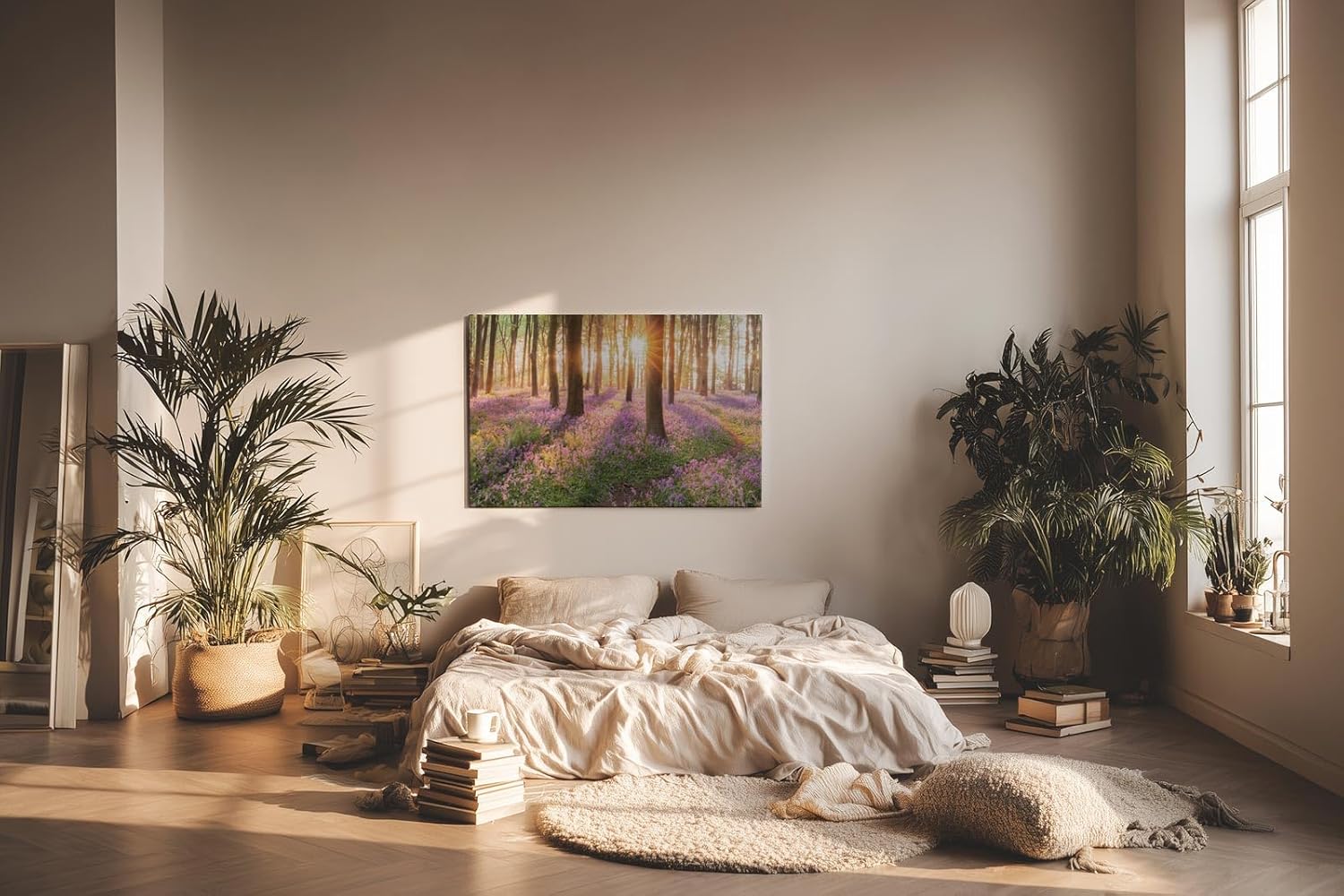 Sinus Art Wandbild 120x80cm Waldszene mit violetten Blüten und einfallender Sonne für verträumte Atmosphäre