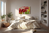 Sinus Art Wandbild 120x80cm Nahaufnahme einer roten Blüte mit glänzenden Wassertropfen – voller Frische und Dynamik