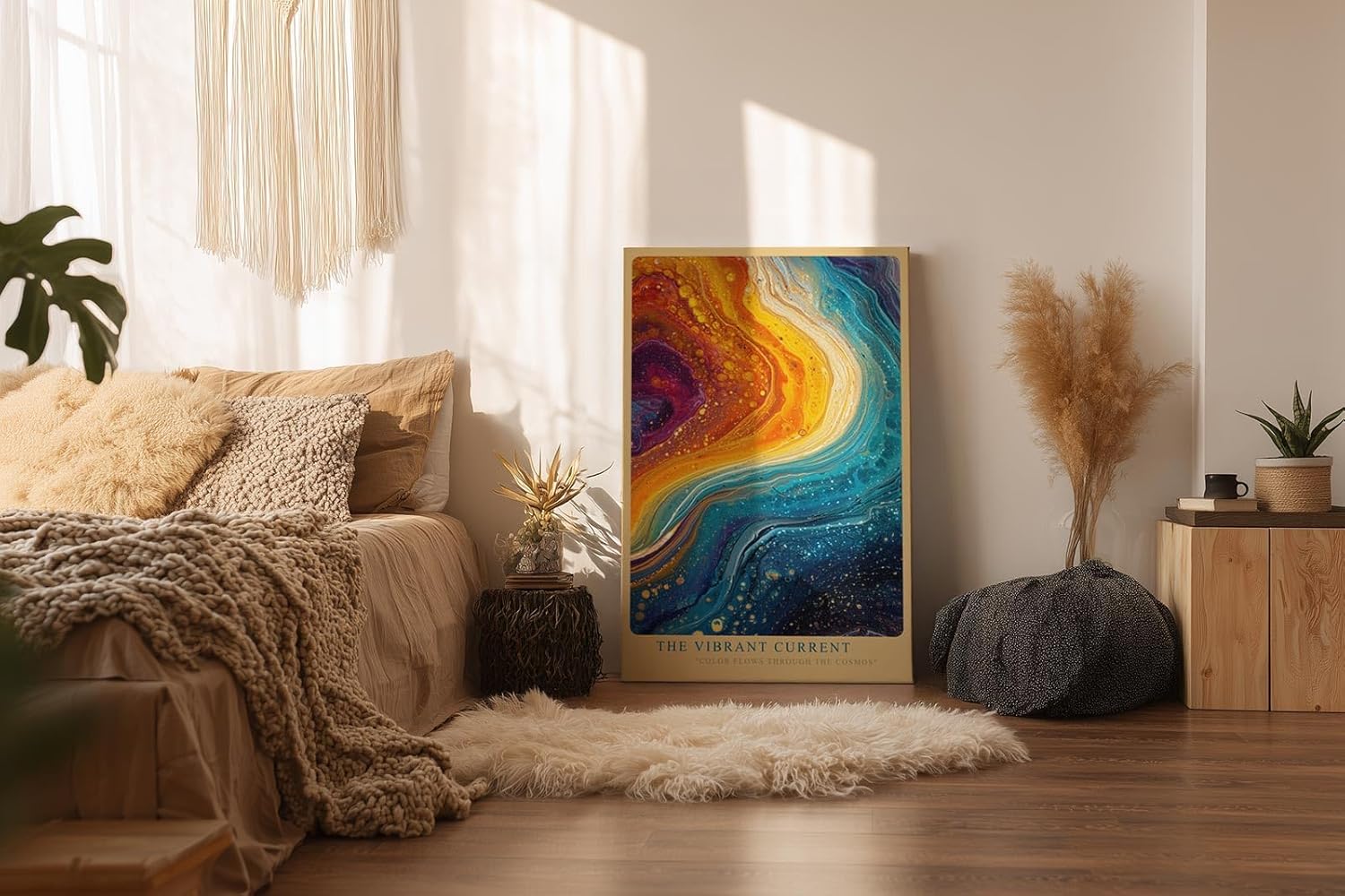Paul Sinus Wandbild in 40x60cm The Vibrant Current – Abstrakte Farbströme in leuchtendem Blau, Orange und Gelb, inspiriert von kosmischen Bewegungen und kreativer Energie
