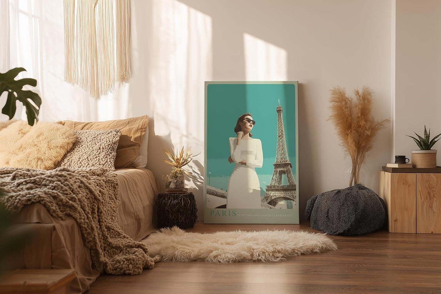 Paul Sinus Wandbild in 40x60cm Paris – elegante Frau in Weiß vor dem Eiffelturm im Retro-Stil