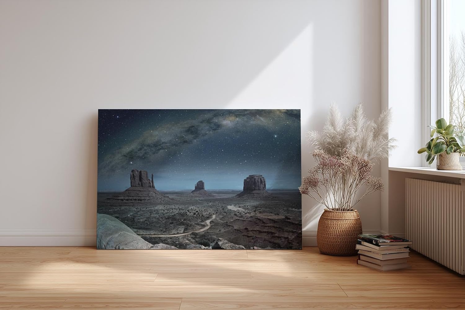 Sinus Art Wandbild 120x80cm Faszinierende Landschaft mit ikonischen Felsformationen unter der Milchstraße