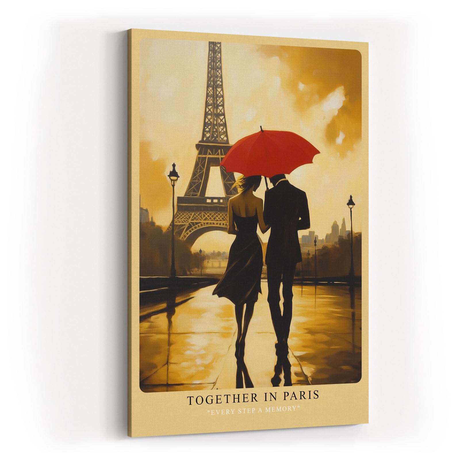 Paul Sinus Wandbild in 40x60cm Together in Paris – romantische Szene eines Paares mit rotem Schirm vor dem Eiffelturm für elegante Raumgestaltung