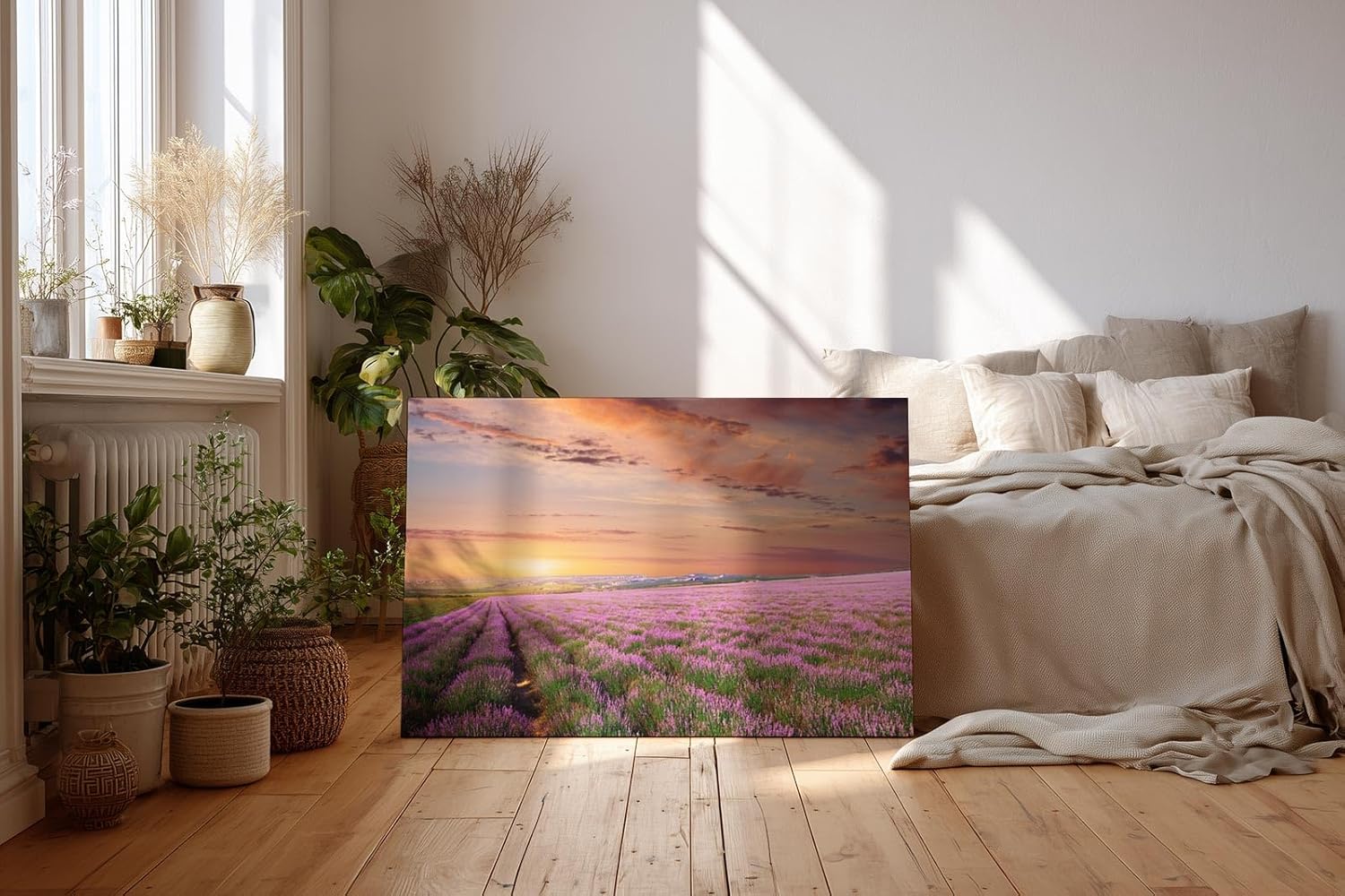 Sinus Art Wandbild 120x80cm Unendliches Lavendelfeld im warmen Licht des Sonnenuntergangs – beruhigend und harmonisch