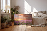 Sinus Art Wandbild 120x80cm Unendliches Lavendelfeld im warmen Licht des Sonnenuntergangs – beruhigend und harmonisch