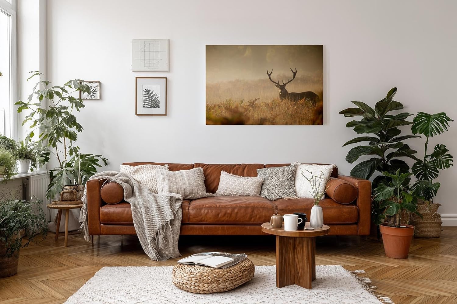 Sinus Art Wandbild 120x80cm Der majestätische Hirsch im Nebel erzeugt eine ruhige kraftvolle Stimmung im Raum