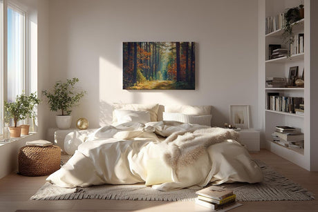 Sinus Art Wandbild 120x80cm Waldweg durch herbstlich gefärbten Wald mit Lichtspiel für gemütliche Raumwirkung