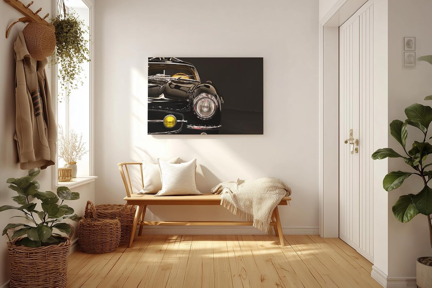 Sinus Art Wandbild 120x80cm Hochglanz-Detailaufnahme eines schwarzen Oldtimers mit nostalgischer Ausstrahlung