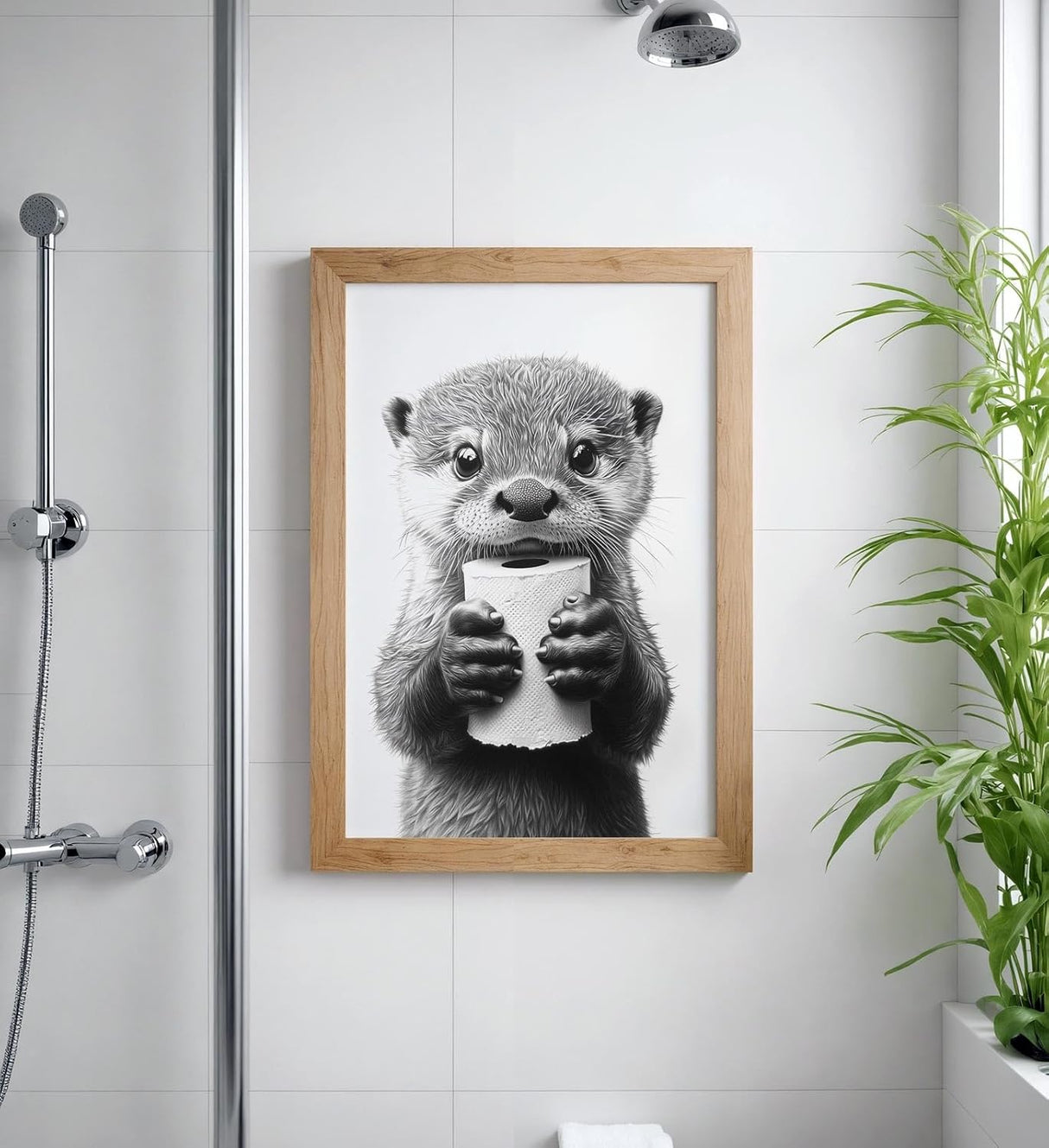 Paul Sinus Poster/Leinwandbild/Rahmenoption – Süßer Otter mit Klopapier – Witziges WC-Bild für Humor im Bad