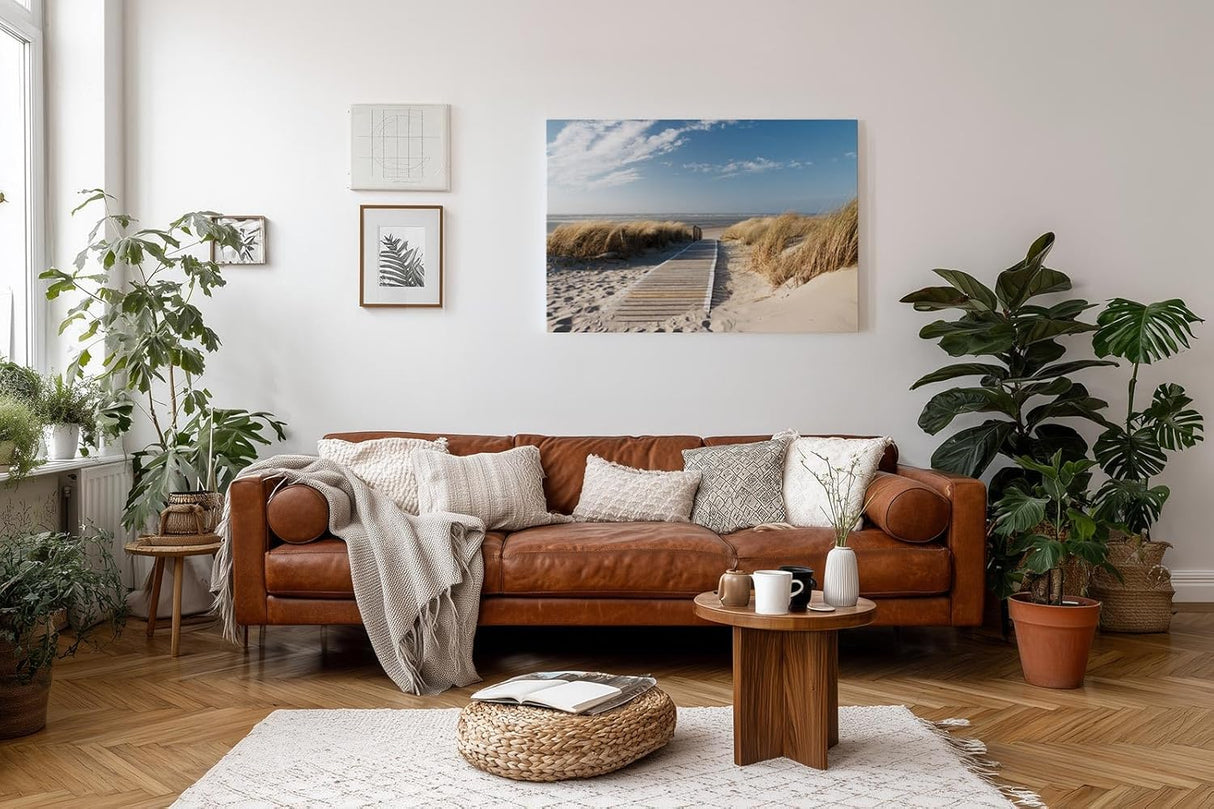 Sinus Art Wandbild 120x80cm Idyllischer Holzsteg durch Dünenlandschaft unter blauem Himmel bis zum Meer