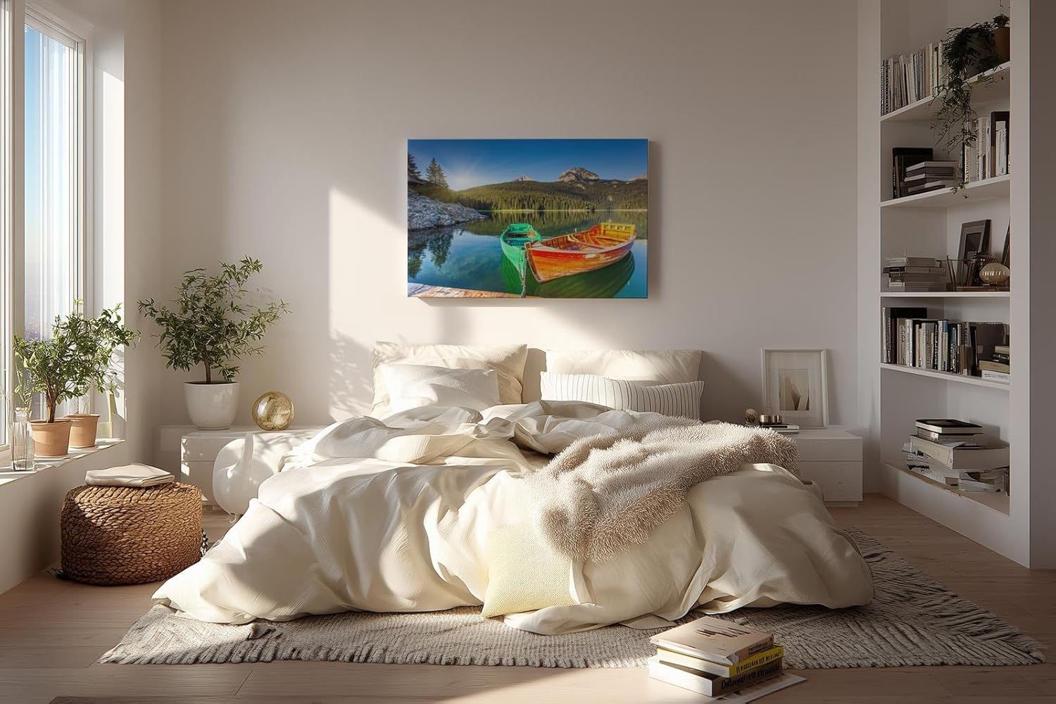 Sinus Art Wandbild 120x80cm Farbkräftige Boote auf spiegelndem Wasser mit Wald und Bergen im Hintergrund
