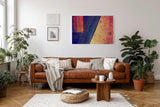 Sinus Art Wandbild 120x80cm Breite Farbbalken in Blau und Orange mit violettem Verlauf und geometrischer Anordnung
