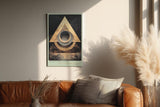 Paul Sinus Wandbild in 40x60cm The Geometric Code – Abstraktes Design mit überlappenden goldenen Dreiecken und Kreisen auf dunkler Texturfläche