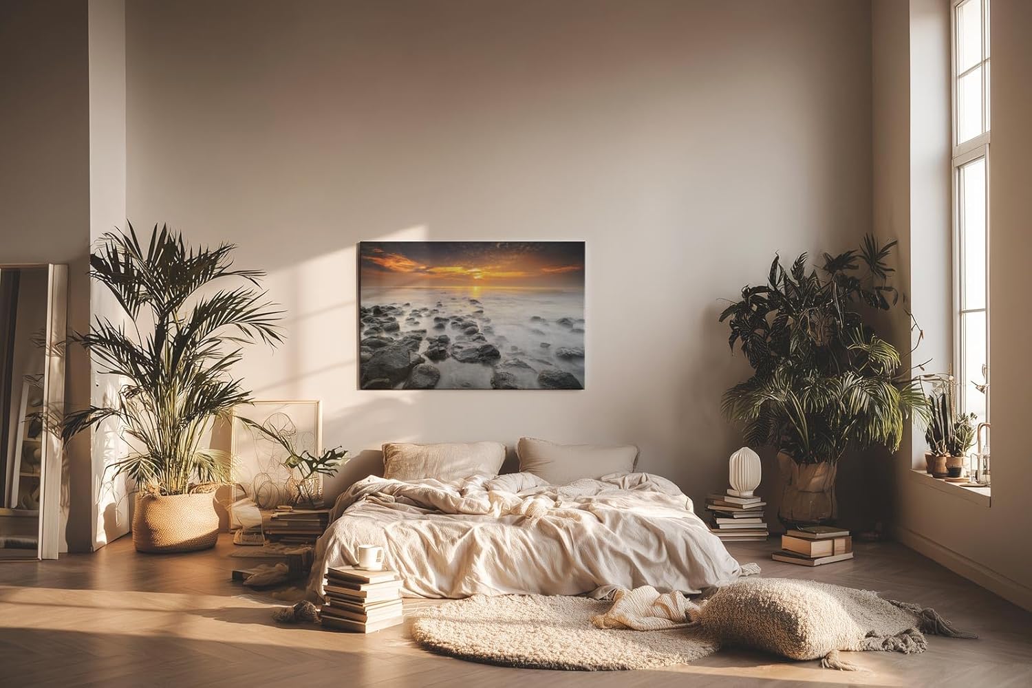 Sinus Art Wandbild 120x80cm Ruhiges Küstenmotiv mit Felsen im Wasser und goldenem Sonnenuntergang
