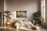 Sinus Art Wandbild 120x80cm Ruhiges Küstenmotiv mit Felsen im Wasser und goldenem Sonnenuntergang