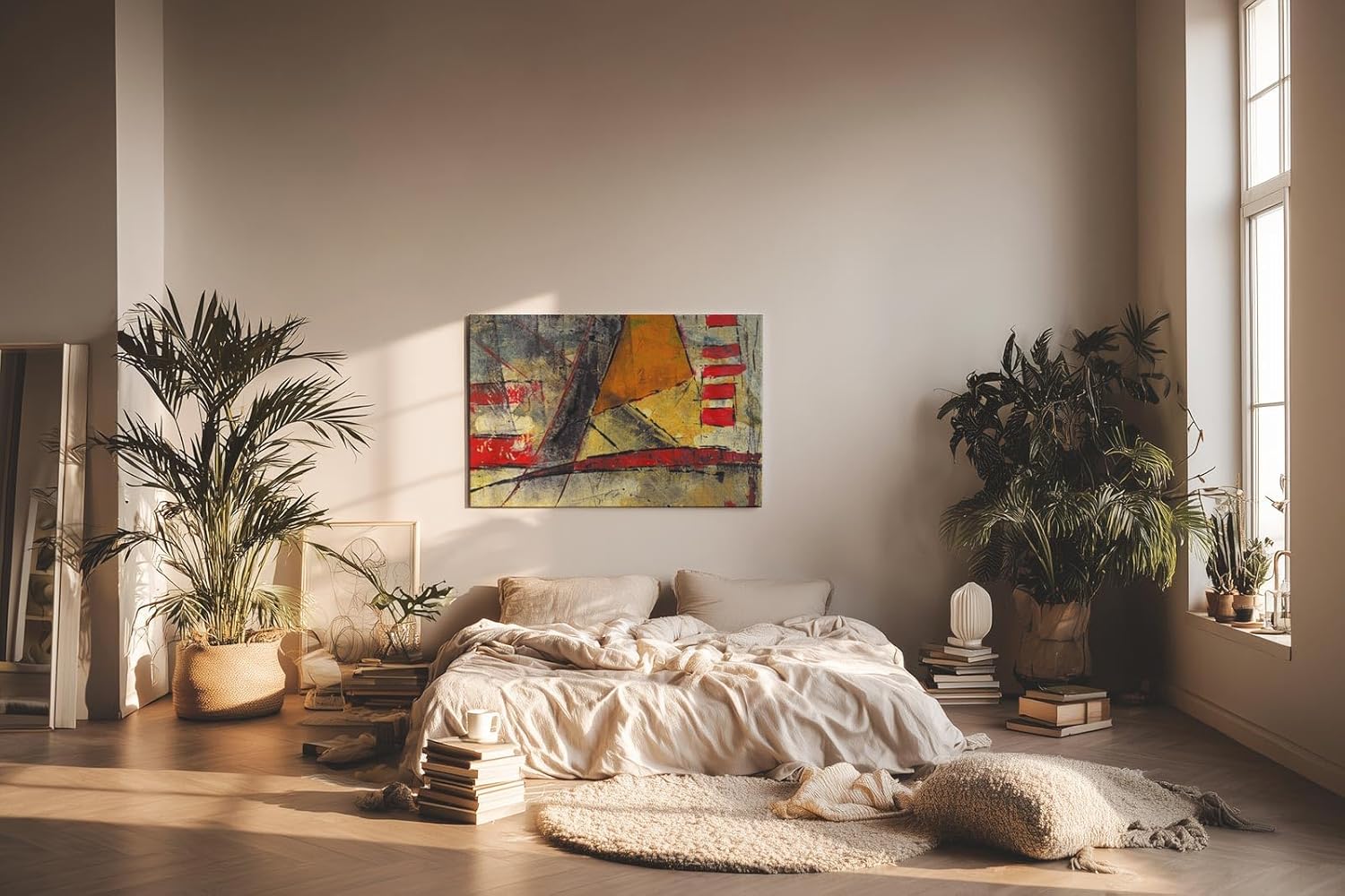 Sinus Art Wandbild 120x80cm Grafische Formen und Linien in Rot, Gelb und Schwarz auf strukturreichem Untergrund