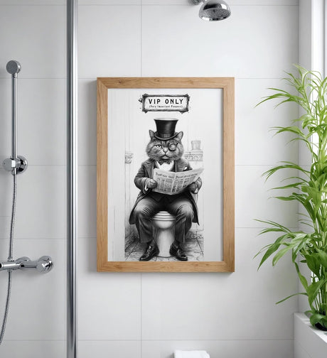 Paul Sinus Poster/Leinwandbild/Rahmenoption – Vornehme Katze „VIP ONLY – Very Important Poopers“ – Lustige WC-Deko für dein Badezimmer