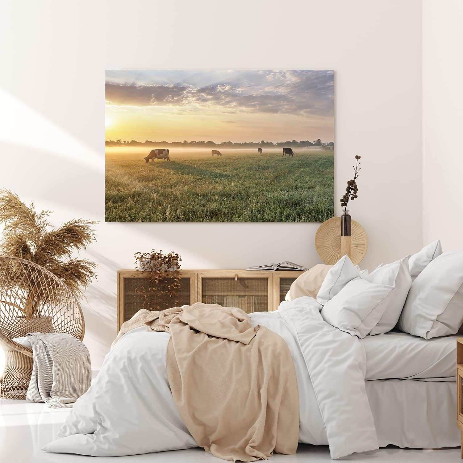 Paul Sinus Wandbild 120x80cm Wiese Kühe Weide Morgentau Sonnenaufgang Feld