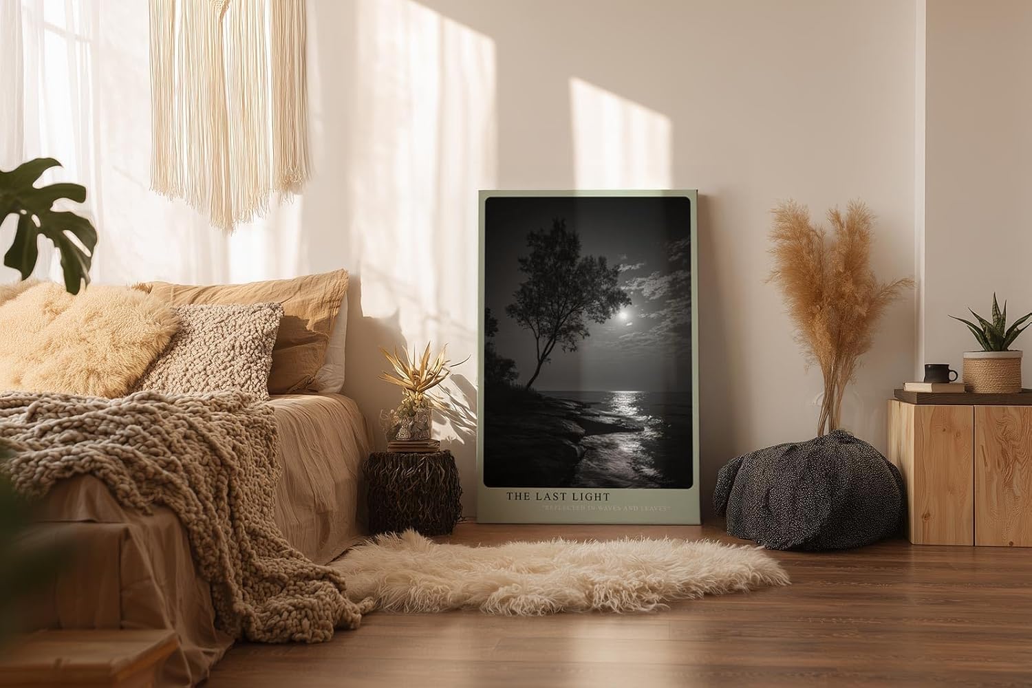 Paul Sinus Wandbild in 40x60cm The Last Light – poetische Schwarz-Weiß-Landschaft mit Baum und reflektierendem Mondlicht auf dem Wasser