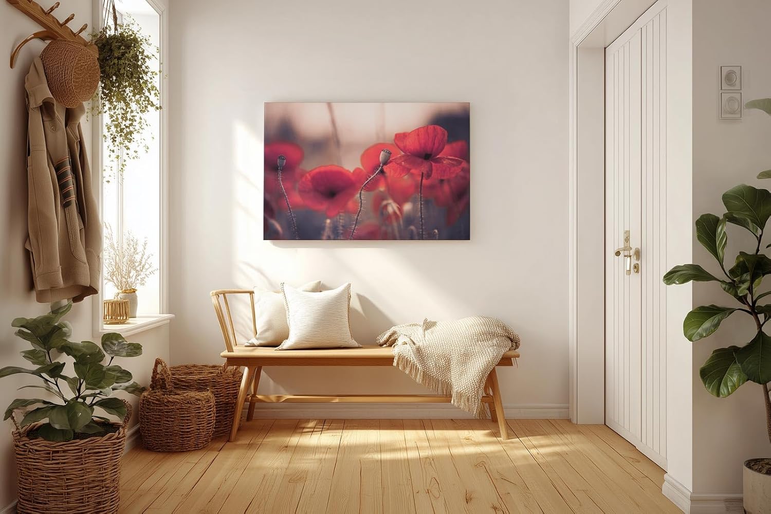 Sinus Art Wandbild 120x80cm Ruhige Szene mit roten Mohnblumen in weicher Unschärfe und natürlichem Licht