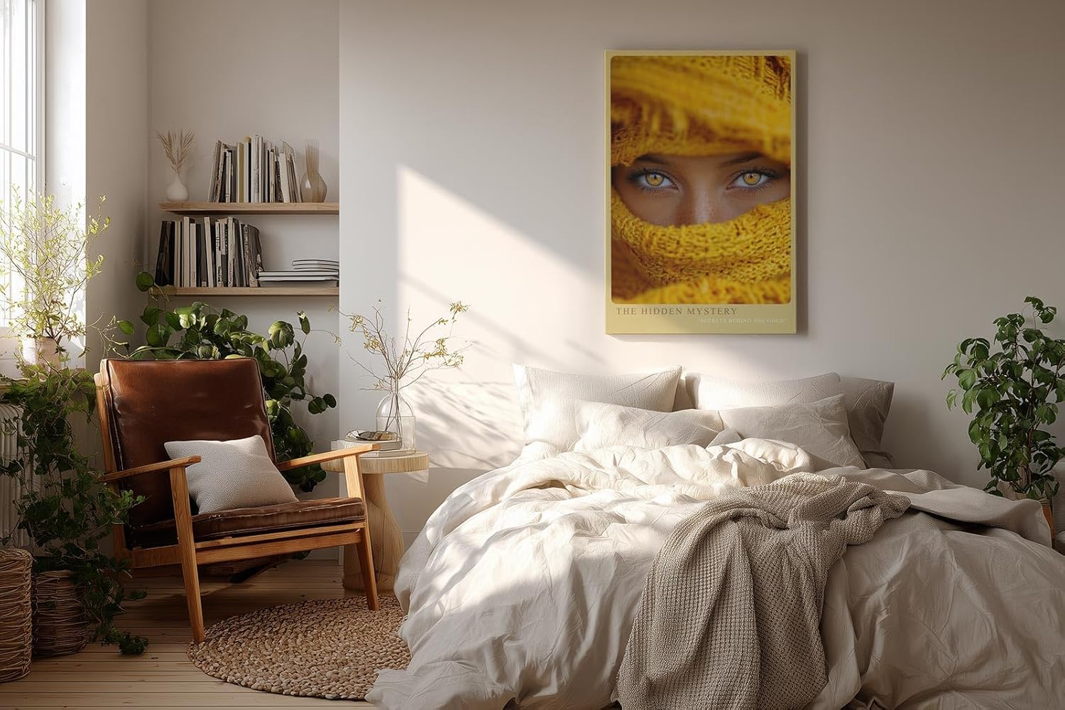 Paul Sinus Wandbild in 40x60cm The Hidden Mystery – Intensives Porträt mit goldenen Augen und gelbem Schal in Nahaufnahme