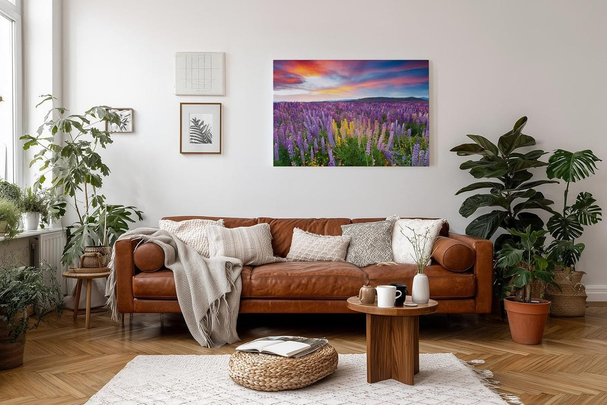 Sinus Art Wandbild 120x80cm Leuchtende Lupinen in Violett, Pink und Gelb vor einem dramatischen Abendhimmel
