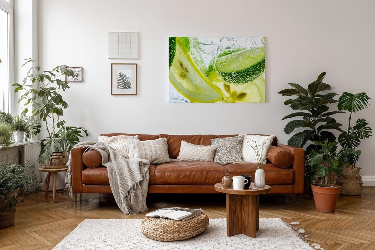 Sinus Art Wandbild 120x80cm Sprudelnde Zitrusfrüchte in lebendigen Farben mit erfrischender Bildwirkung