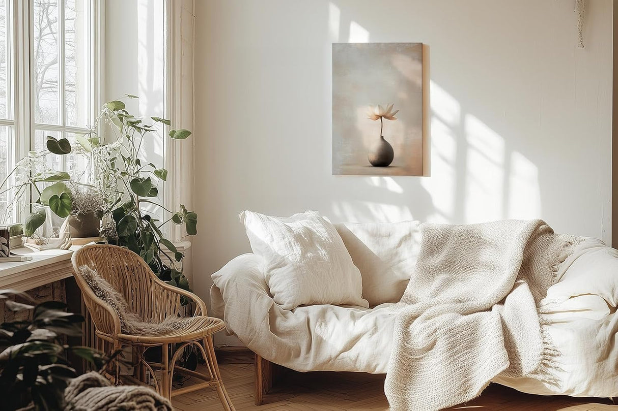 Paul Sinus 60x90cm Wandbild Zarte Eleganz in Beige – Minimalistisches Blumenmotiv mit ruhiger Ausstrahlung für stilvolle Räume