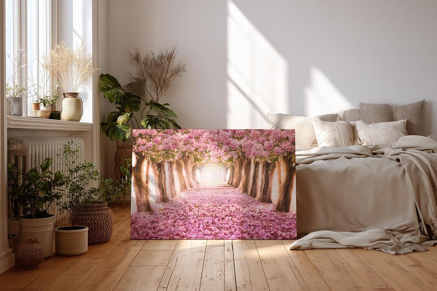 Sinus Art Wandbild 120x80cm Märchenhafter Weg unter rosa Blütenbäumen mit Perspektive und Tiefe