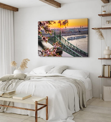 Paul Sinus Wandbild 120x80cm Freiheitsbrücke Budapest Ungarn Kanal Schiffe Sonnenuntergang