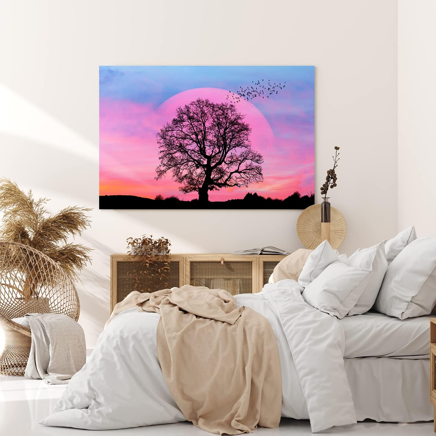 Paul Sinus Wandbild 120x80cm Baum Vollmond Nacht Fantasievoll Vögel Rosa