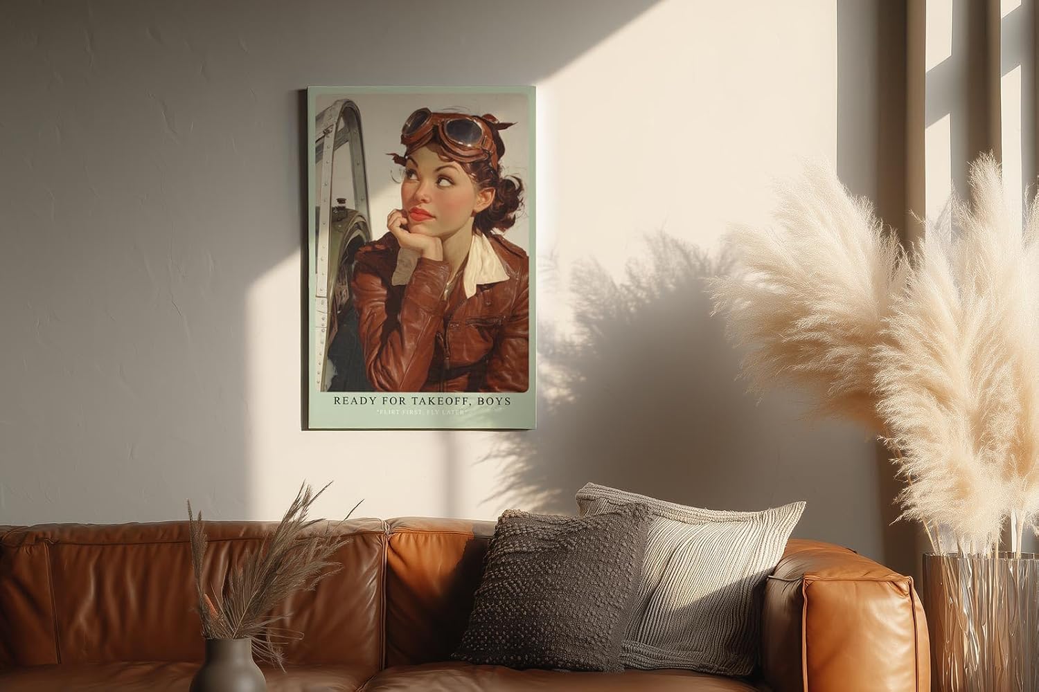 Paul Sinus Wandbild in 40x60cm Ready for Takeoff, Boys – Pin-up-Pilotin in Lederjacke und Fliegerbrille mit verträumtem Blick