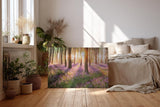 Sinus Art Wandbild 120x80cm Waldszene mit violetten Blüten und einfallender Sonne für verträumte Atmosphäre