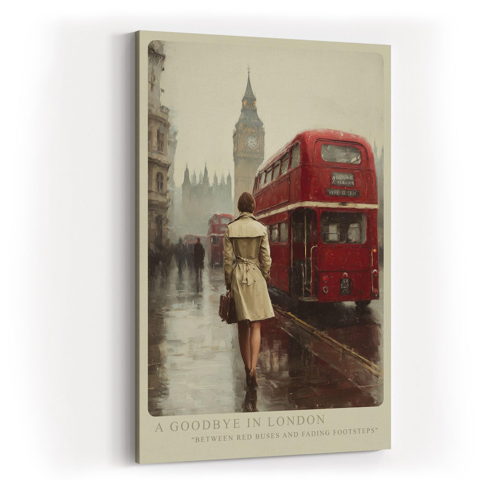 Paul Sinus Wandbild in 40x60cm A Goodbye in London – Rote Doppeldeckerbusse und Big Ben im Hintergrund, nostalgische Stadtszene im Regen