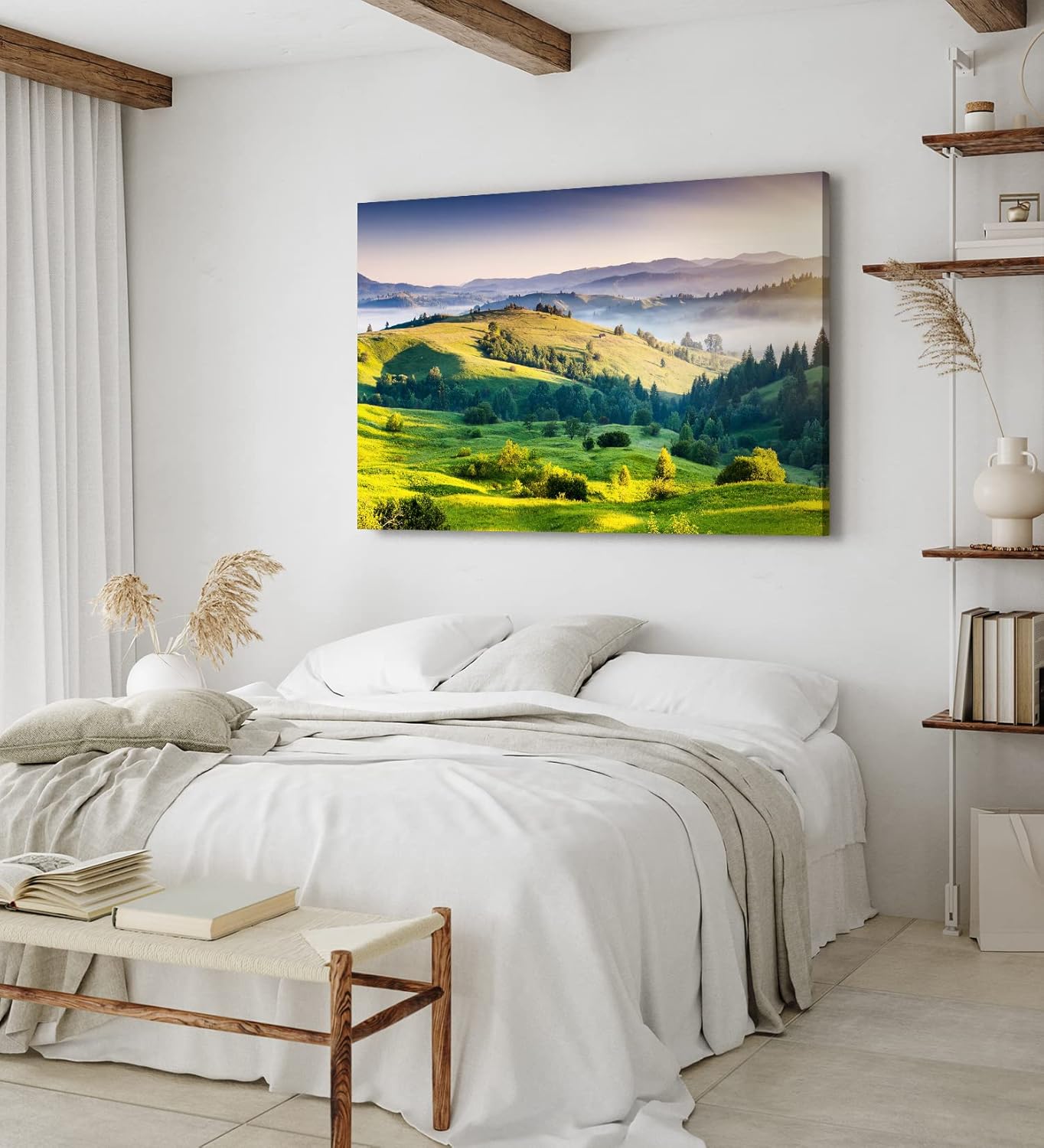 Paul Sinus Wandbild 120x80cm Berge Hügel Wiese Landschaft Grün Nebel Morgentau