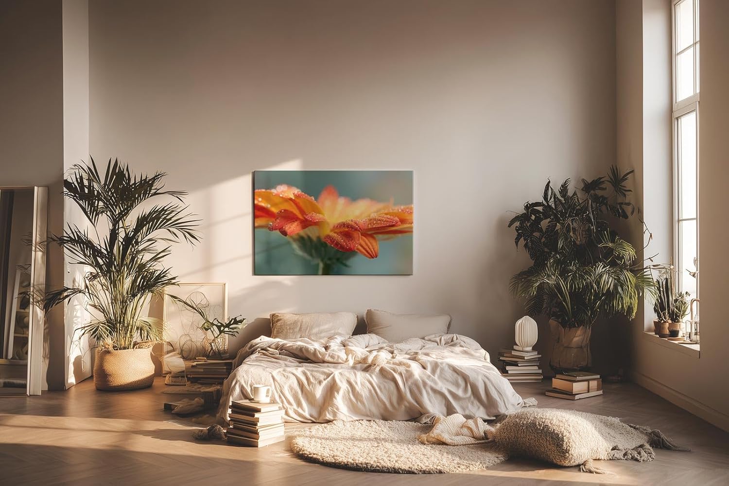 Sinus Art Wandbild 120x80cm Erfrischende Darstellung einer orangefarbenen Blüte mit glitzernden Tropfen
