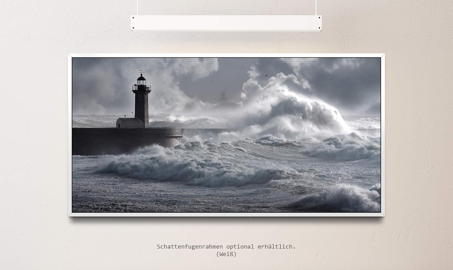 Leuchtturm in Portugal ca. 130x70cm Wandbild inklusive Schattenfugenrahmen weiss - Panorama Leinwand Bild XXL Format Wandbilder Wohnzimmer Wohnung Deko Kunstdrucke