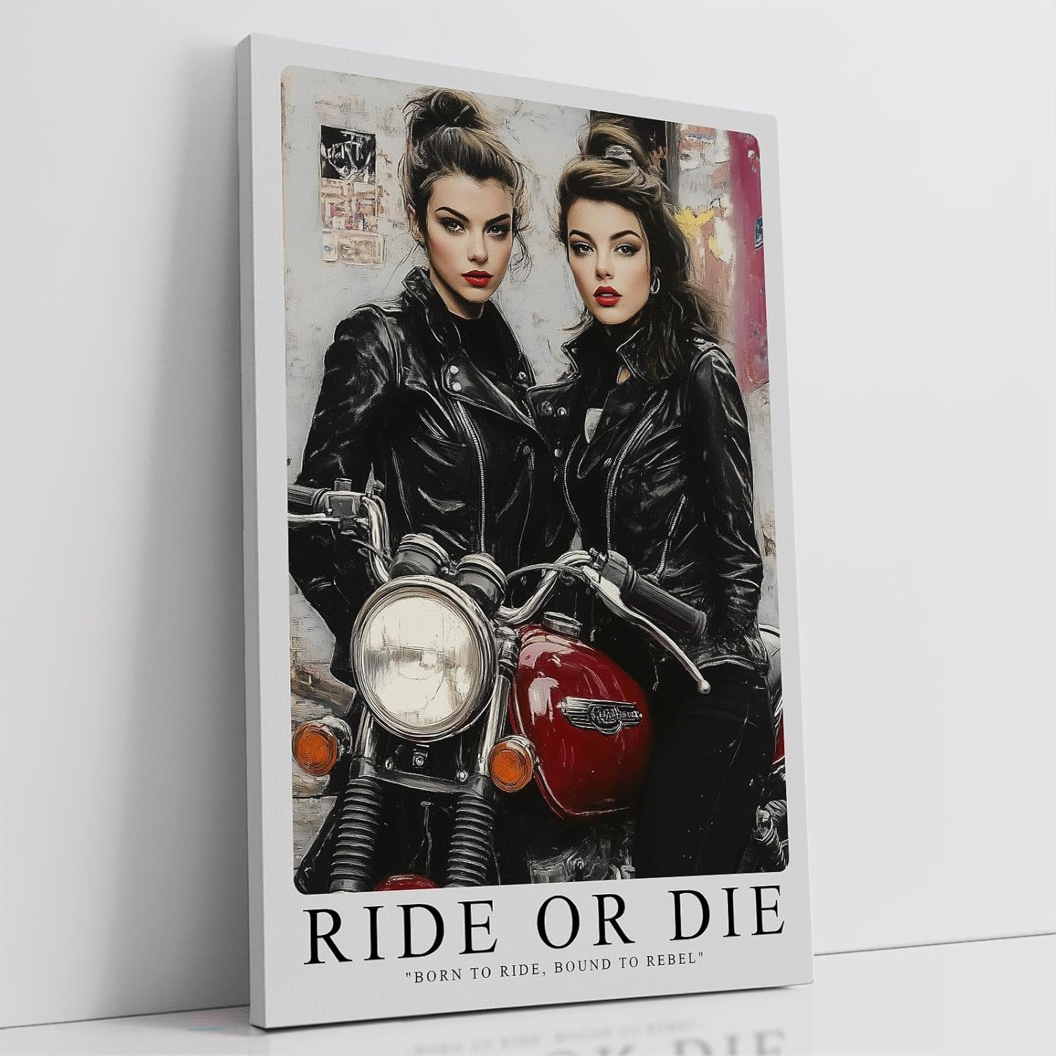 Paul Sinus Leinwandbild 60x90cm Leinwandbild Ride or Die – Ausdrucksstarke Rebellinnen in Lederjacken mit Vintage-Motorrad, urbaner Charme