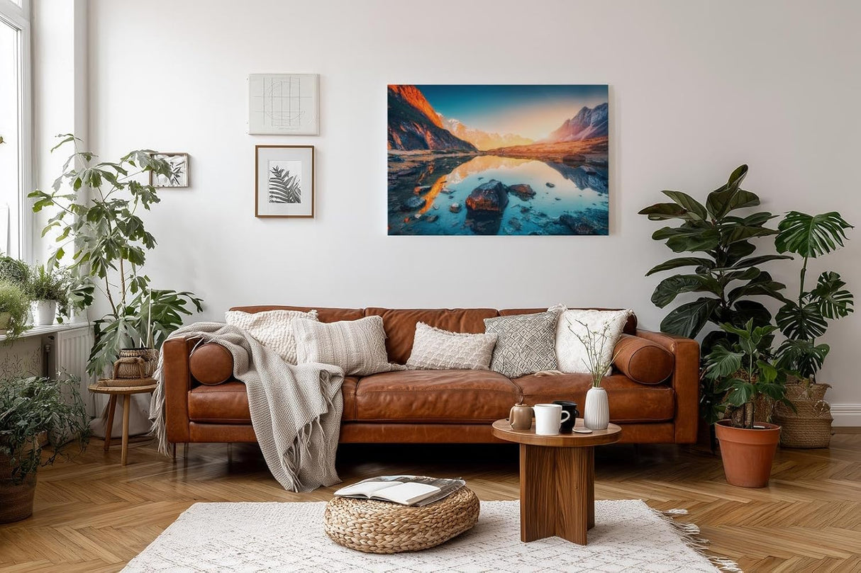 Sinus Art Wandbild 120x80cm Faszinierendes Bergpanorama mit Spiegelung im klaren Wasser bei untergehender Sonne