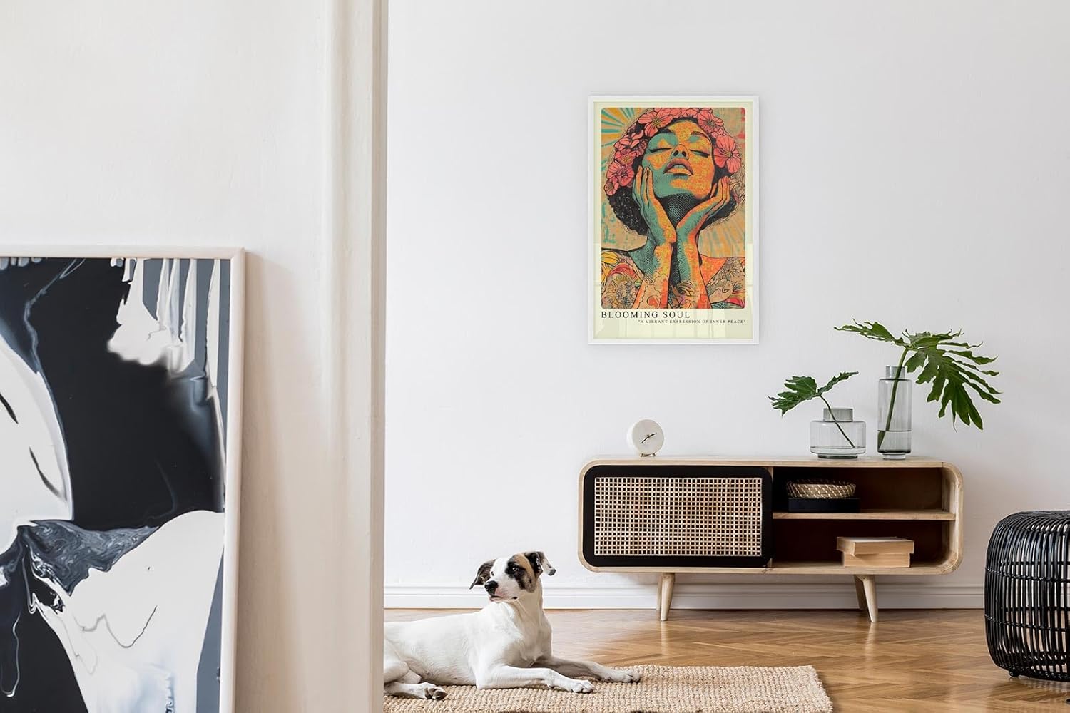 Paul Sinus Leinwandbild 80x120cm Blühende Seele – Ausdrucksstarke Porträtkunst in leuchtenden Farben und floralen Akzenten