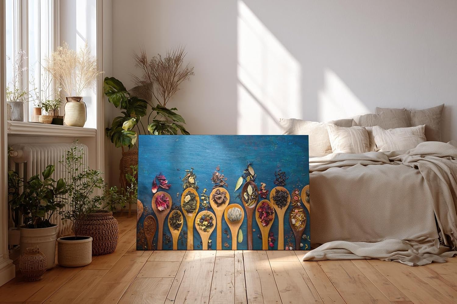Sinus Art Wandbild 120x80cm Bunte Gewürze auf Holzlöffeln vor rustikalem Hintergrund – kulinarisch und stilvoll