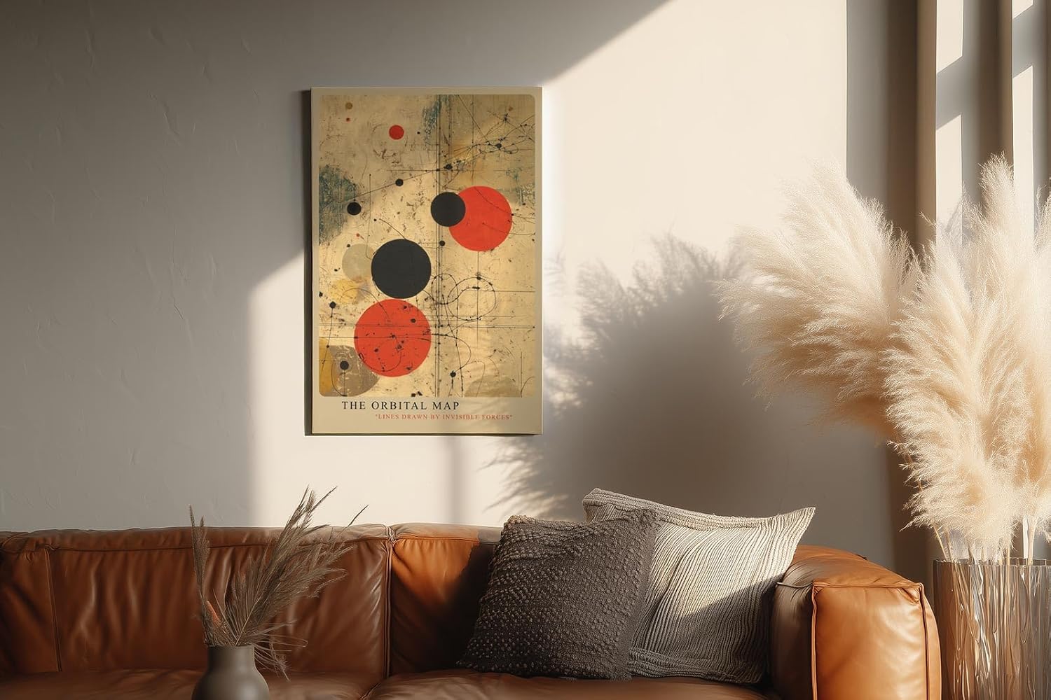 Paul Sinus Wandbild in 40x60cm The Orbital Map – Abstraktes Spiel aus roten und schwarzen Kreisen auf beigem Hintergrund mit feinen Linien wie unsichtbare Kräfte