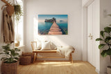 Sinus Art Wandbild 120x80cm Holzsteg führt zur Insel im klaren Meer – Symbol für Freiheit und Fernweh