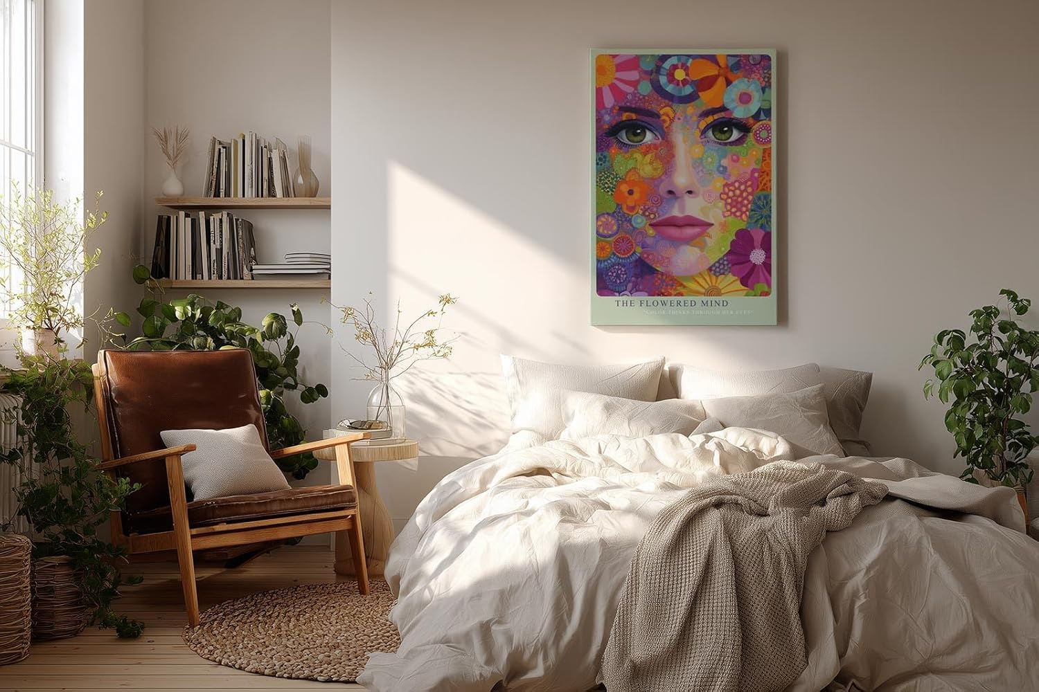 Paul Sinus Wandbild in 40x60cm The Flowered Mind Farbenprächtiges Frauenporträt mit floralen Mustern und verspielter Farbvielfalt für kreative Raumakzente