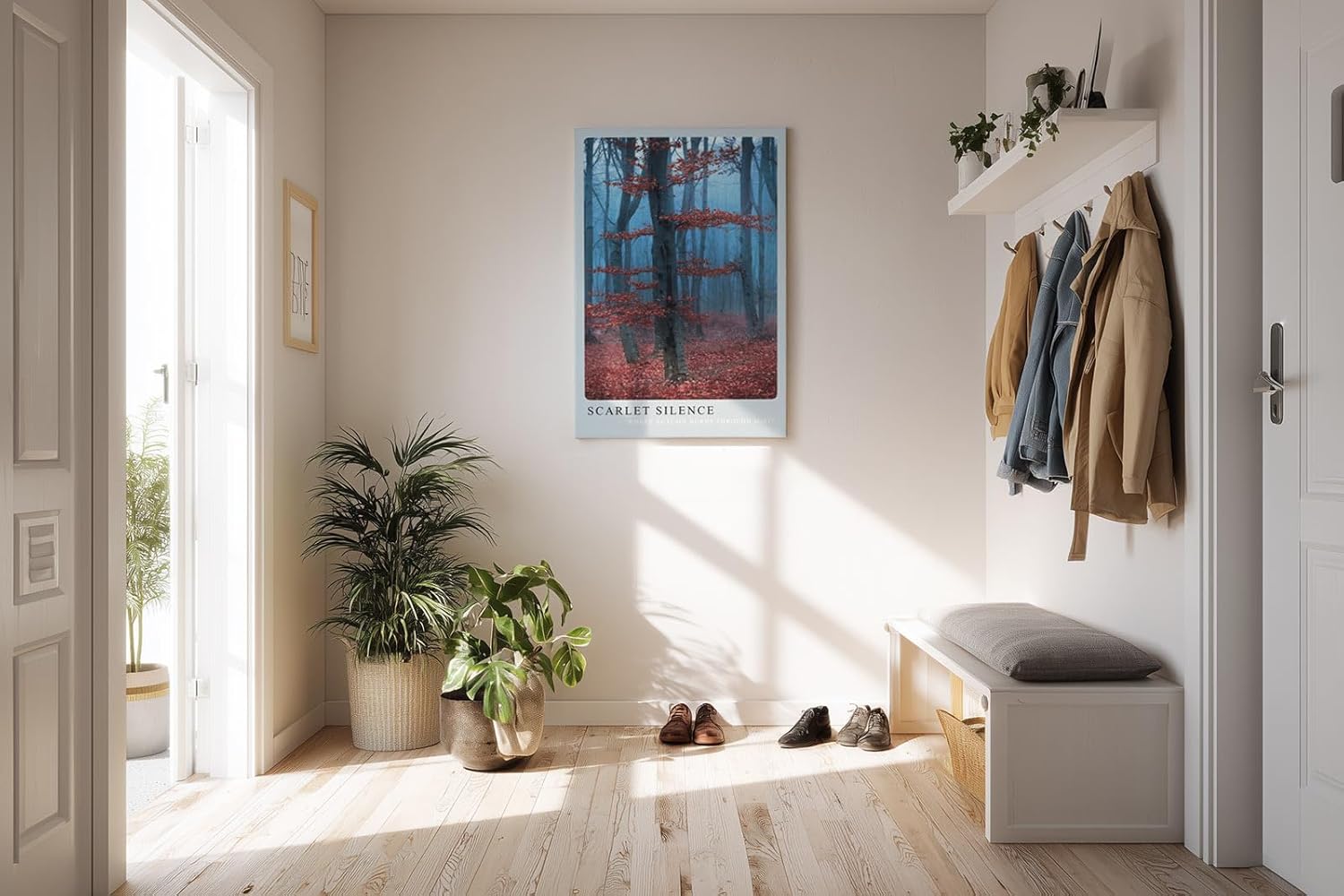 Paul Sinus Kunstdruck 40x60cm Herbst Wald Nebel Rot Bäume Stille Natur Scarlet Silence